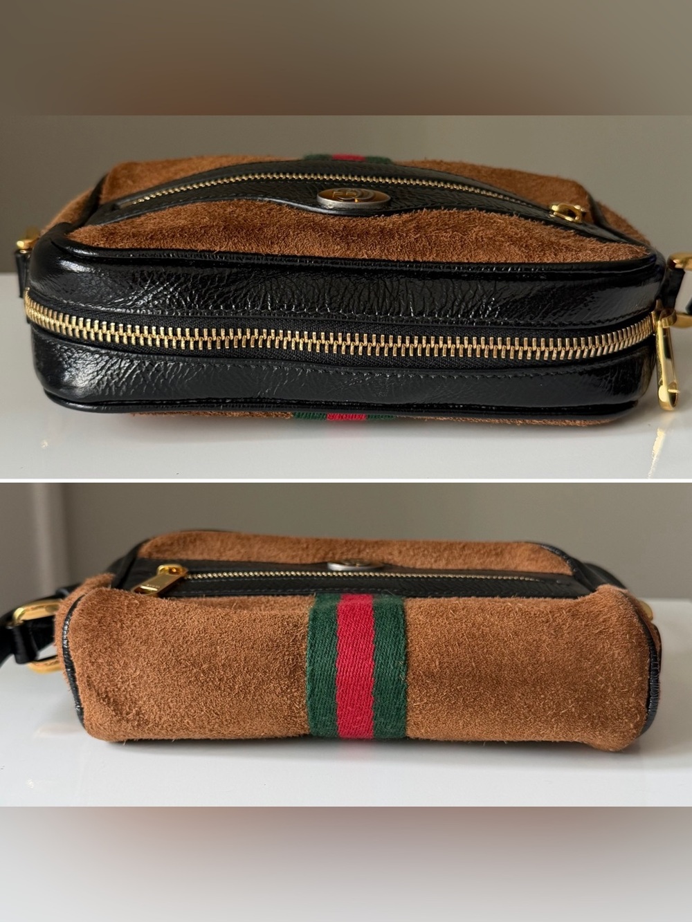 Gucci Ophidia Sherry Crossbody Bag – Brown Suede & Patent Leather w/ Web Stripe - Picture 4 of 12